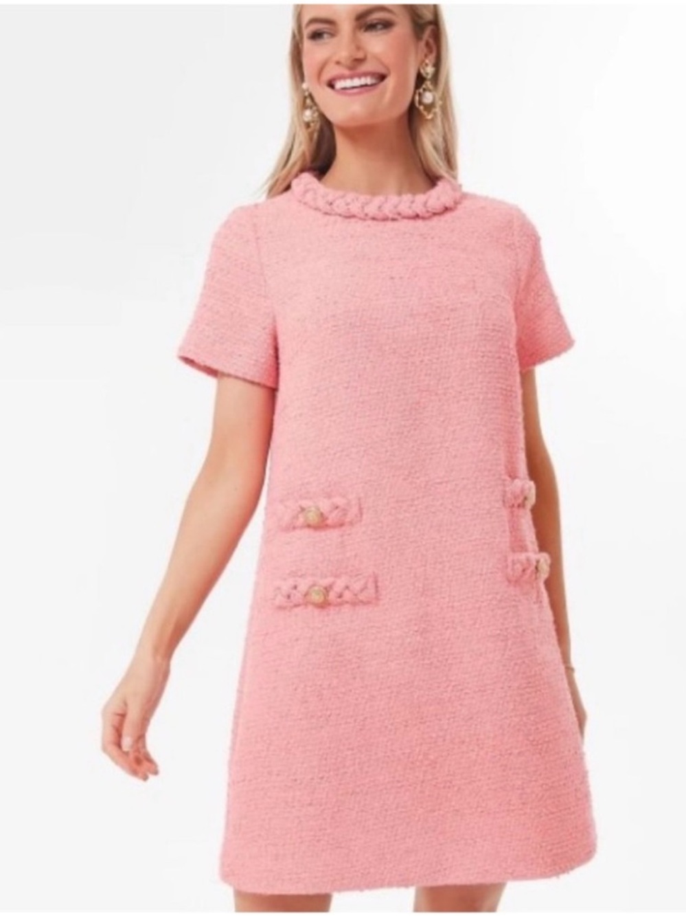 Tuckernuck Tweed Jackie Dress Short Sleeve Shift Blush Poppy Pink Preppy Sz Smal